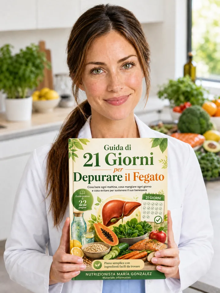 La nutrizionista María González con in mano la Guida di 21 Giorni per Depurare il Fegato